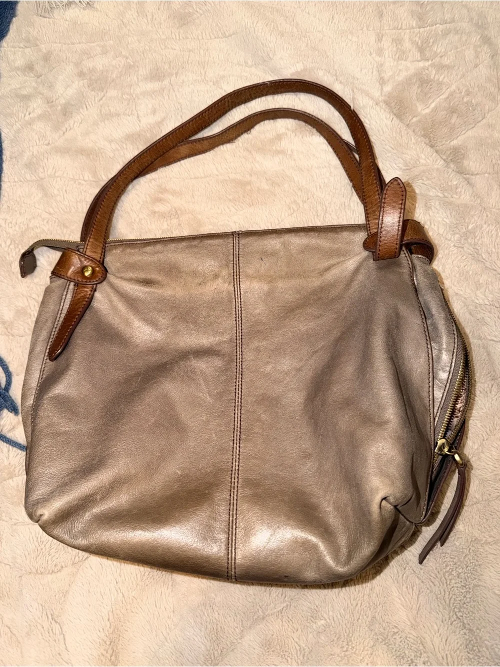 Y2K Vintage HOBO International Gray Slouchy Leather Shoulder Bag Tote Two Tone